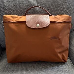 Longchamp tan nylon laptop briefcase with leather flap